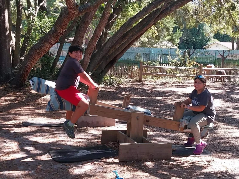 Dos niños jugando en un balancín en un parque soleado.